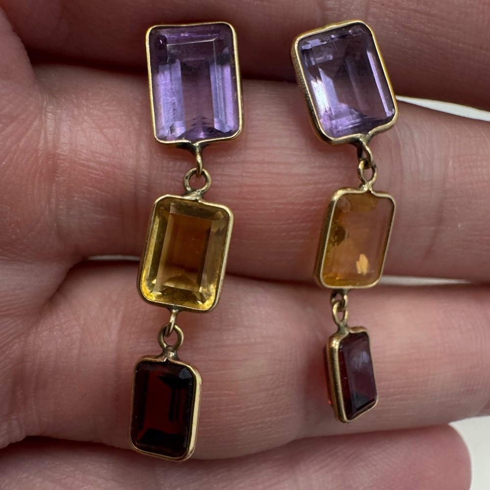 14k yellow gold amethyst, citrine and garnet dangle earrings